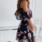 Cold Shoulder Chiffon Beach Dress - Flowy Ruffle Summer Dress