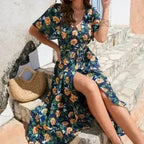 Women’s Floral Wrap Dress – Ruffled Summer Dress in Navy