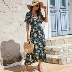 Women’s Floral Wrap Dress – Ruffled Summer Dress in Navy
