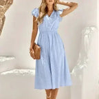 Women V Neck Ruffle Sleeve Summer Dress - Femstylo
