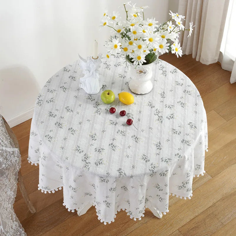 Cotton Table Cloth Round Tablecloth with Tassel Dust-Proof Floret Circular Table Cover for Kitchen Dinning Room Tabletop Decor Lootquake LLC