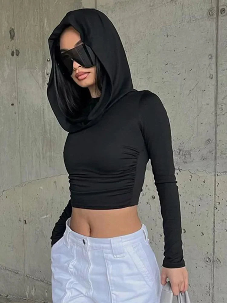 Autumn Slim Fit Hooded Crop Tee for Women THRIXINE