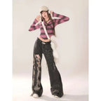 High Waist Ripped Women's Black Jeans Hip-hop Style Fashion Vintage Streetwear Y2K Wide Leg Jean 2024 Trouser Baggy Denim Pants