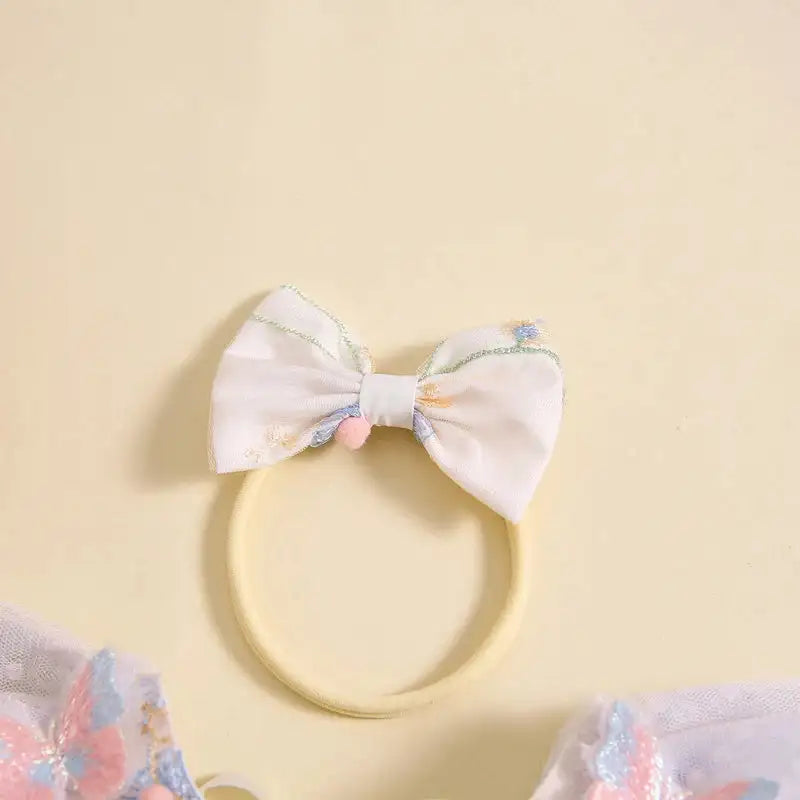 Pudcoco Baby Girl 2Piece Summer Set 3D Butterfly Flower Embroidery Fly Sleeve Mesh Romper Dress 3D Bow Headband Toddler Outfits