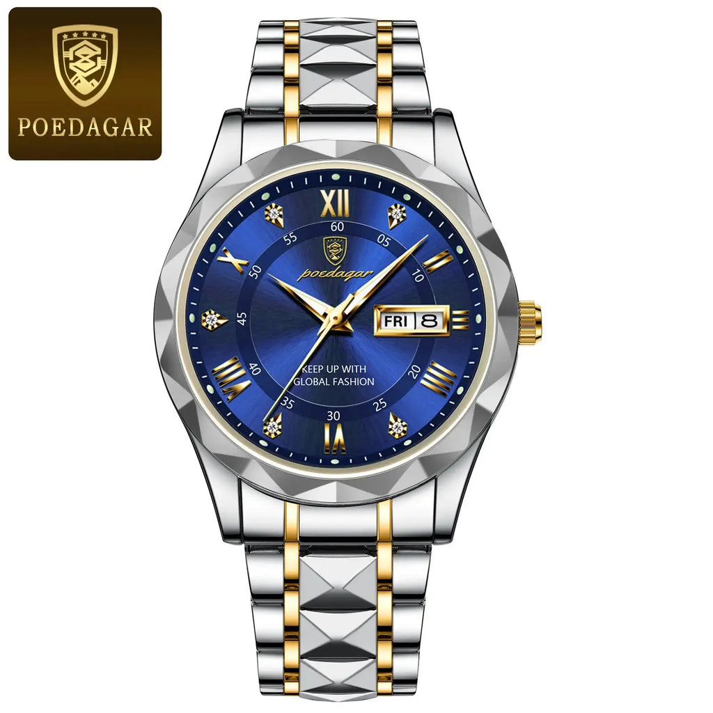 POEDAGAR Business Men's Watch Waterproof Luminous Stainless Steel Date Week Watches For Man Fashion Luxury Quartz Men Wristwatch