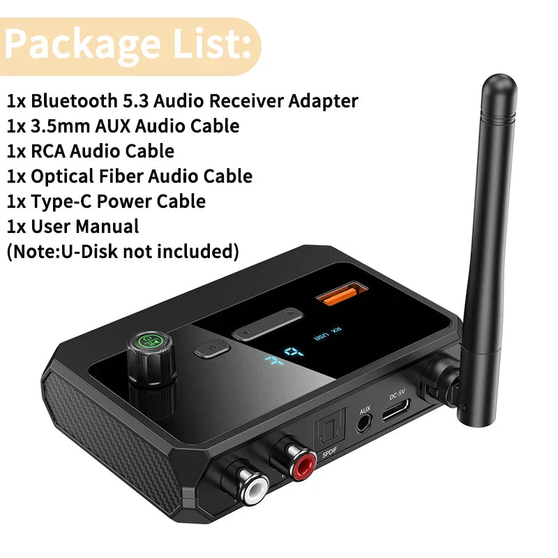 Bluetooth 5.3 Audio Receiver Support USB U-Disk Play Wireless Adapter R/L 2 RCA/3.5MM AUX/Optical Fiber Jack For Car Kit Speaker Lootquake LLC