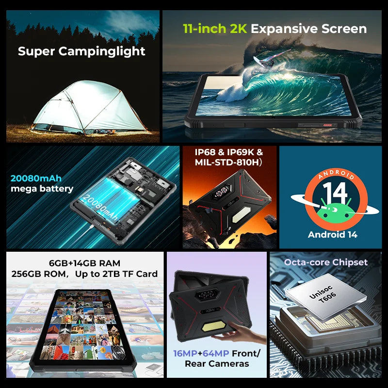 HOTWAV R9 Pro Rugged Tablet 11'' FHD+ 2K Display 20080mAh Massive Battery Pad Android 14 6GB 256GB Camera Global 4G Tablet PC Lootquake LLC
