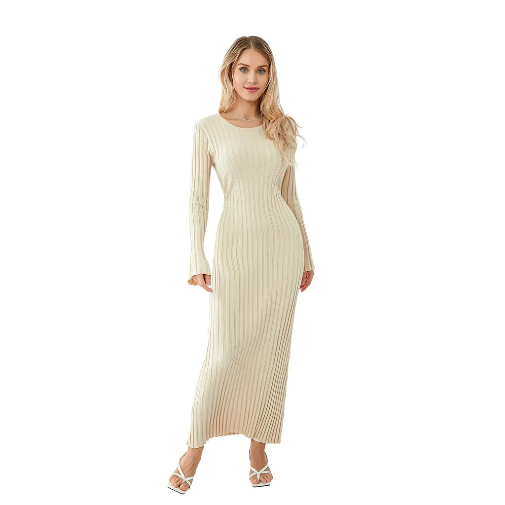 Women Spring Autumn Lace-up Knit Dress Elegant Long Sleeve Crew Neck Ribbed Solid Color Long Dress Streetwear