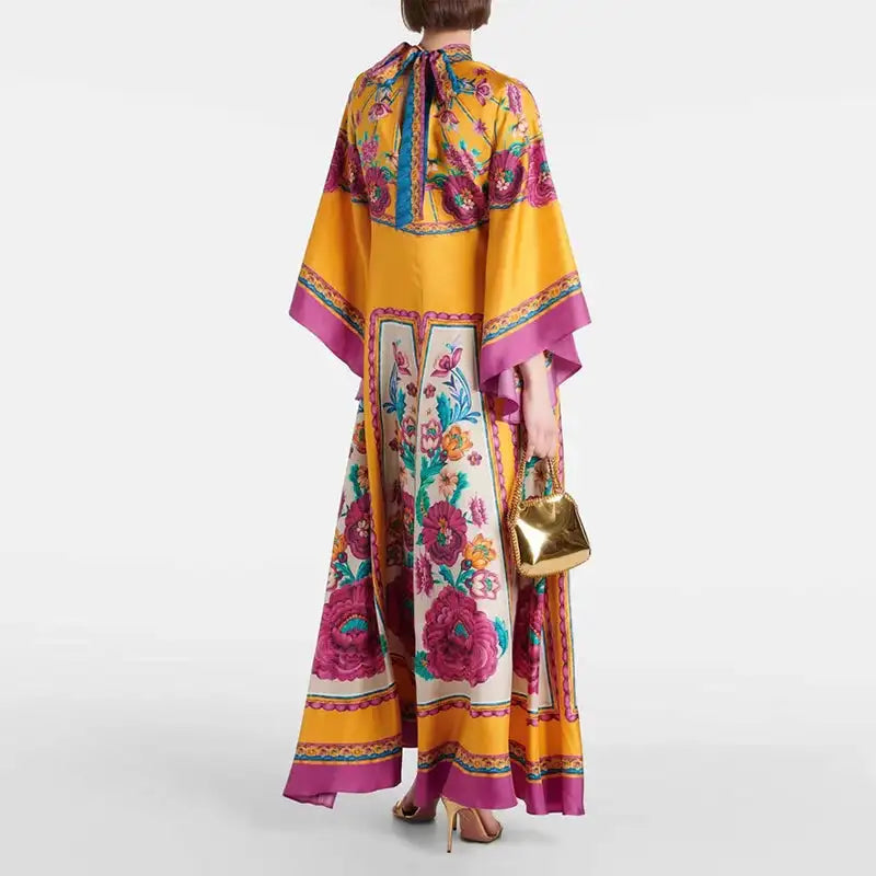 Ethnic Retro Spring Print Boho Long Dress Women Sexy Stand Collar Lace-up Party Dress Fall Long Sleeve Loose Ladies Maxi Dresses