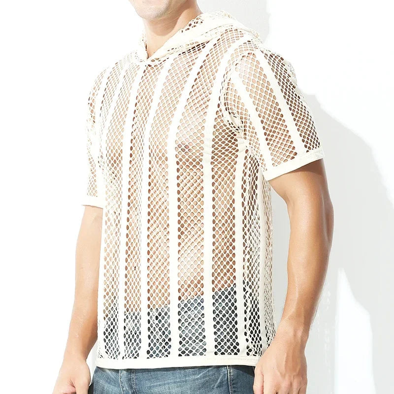 Men Mesh Shirt Transparent Long Sleeve Men Clothing Sexy Solid Party Nightclub Hooded Tops Lootquake LLC