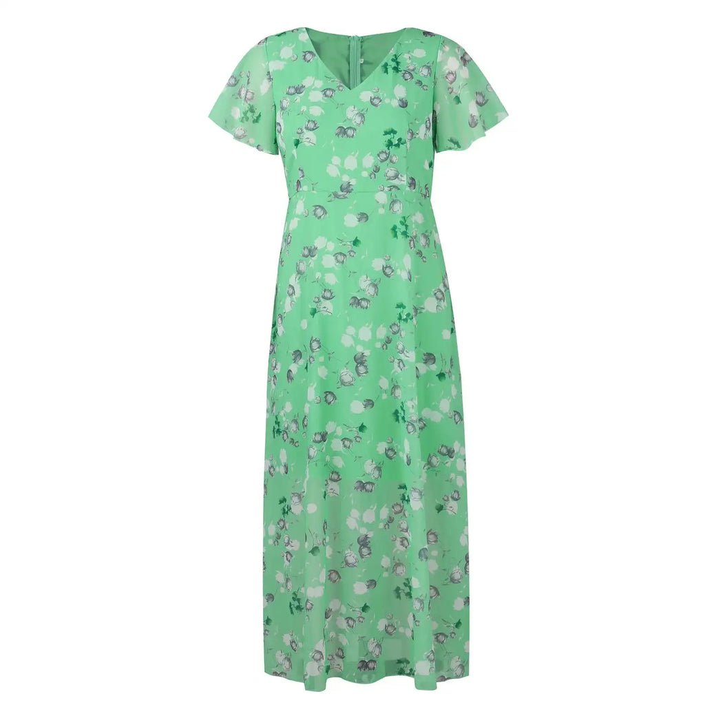 Vestidos Verano Moda 2024 Women's Swing Long Dress Chiffon Floral Short Sleeve Ruffle V Neck Fashion Waist Flowy Dress платье