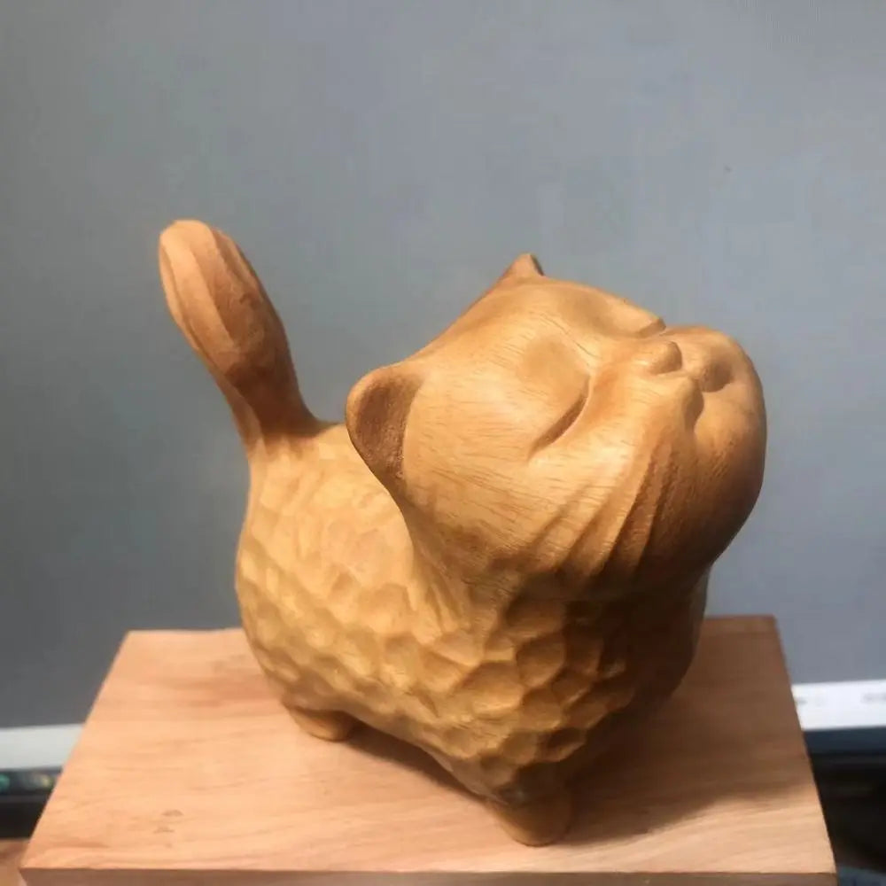 Cat Ornament Hand-carved Wooden Cat Statue Tiny Cute Cat Sculpture Miniature Creative Animal Figurine Desktop Lootquake LLC