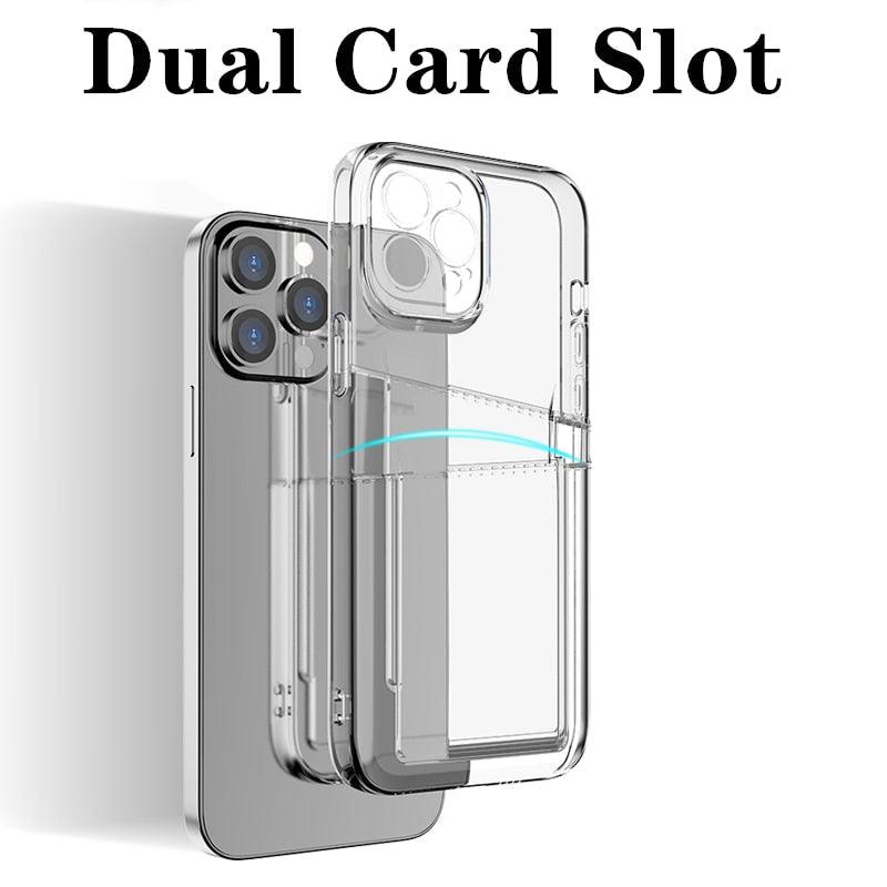 Transparent Shockproof Dual Card Slot Holder Phone Case For iPhone 13 12 11 Pro Max XR X XS Max 7 8 Plus 14Pro Wallet Transparent Soft Cover Card Storage Bumper Case For iPhone Stevvex
