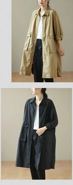 9290 Spring Fall Trench Coat Women Mid Length Windbreaker Single-breasted Double Pockets Casual Loose Overcoat Female Outerwear