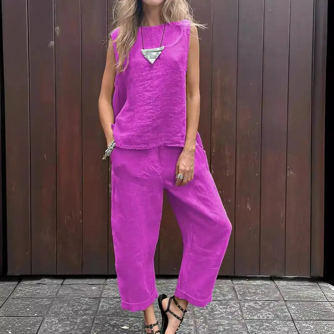 Summer Cotton And Linen Casual Outfits Female Fashion Solid Color Two-piece Set For Women Sleeveless Top Trousers Women's Suit Lootquake LLC