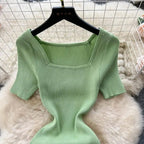 Green 2024 Sexy Summer Knit Short Sleeve Dress Women Squar Collar Waist Bodycon Sundress Female Beach  Backless Long Dress