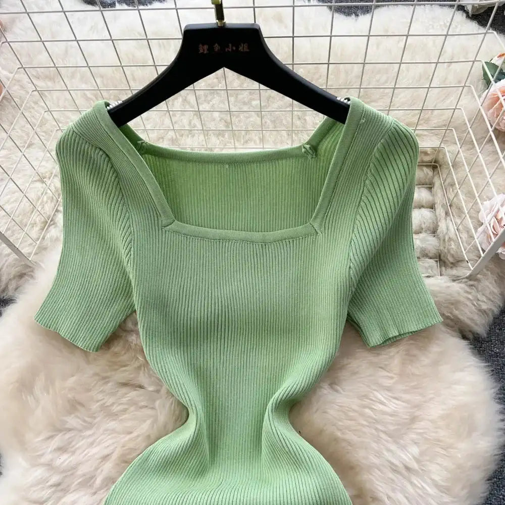 Green 2024 Sexy Summer Knit Short Sleeve Dress Women Squar Collar Waist Bodycon Sundress Female Beach  Backless Long Dress