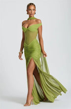 Mozision Off-shoulder Backless Sexy Maxi Dress Women Gown Halter Sleeveless Backless Thigh High Split Club Party Long Dress