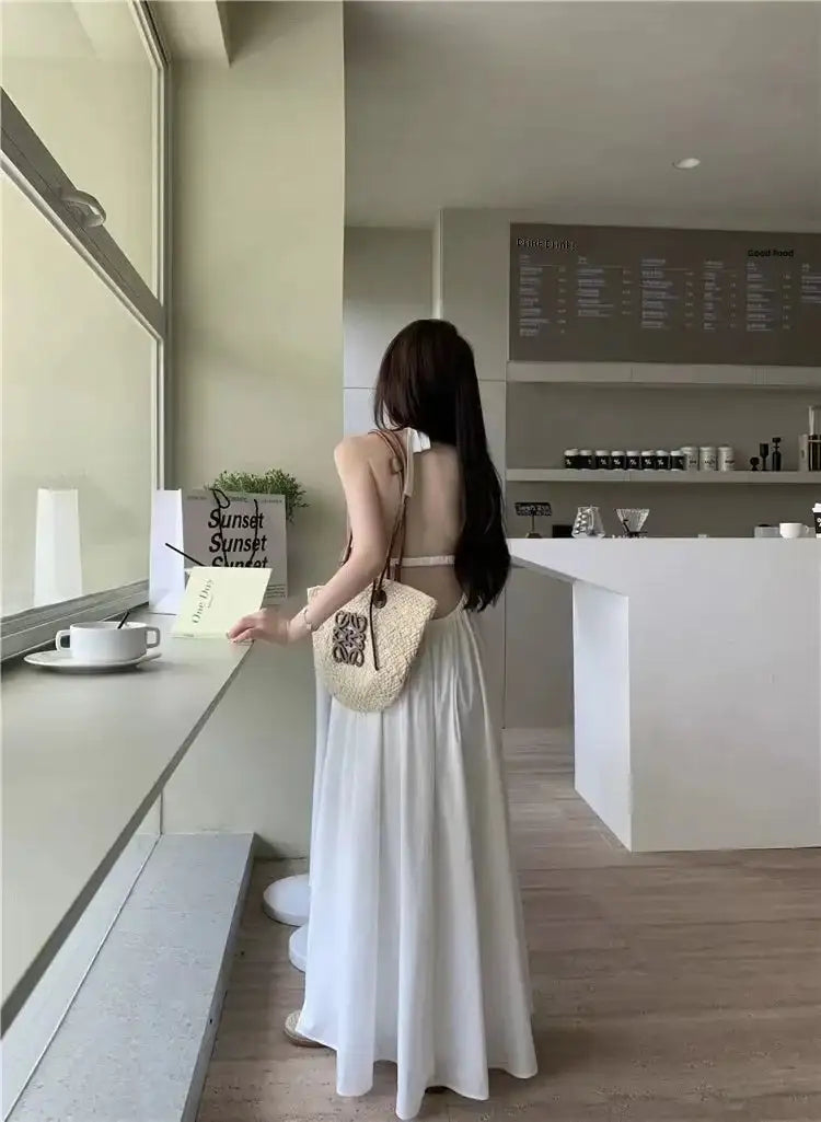 Summer Vacation Dress Thailand Style Open-back Halter Neck Age-reducing Photography Beach Long Dress Belted