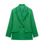 Willshela Women Fashion With Pockets Solid Double Breasted Blazer Vintage Long Sleeves Notched Neck Female Office Lady Outfits