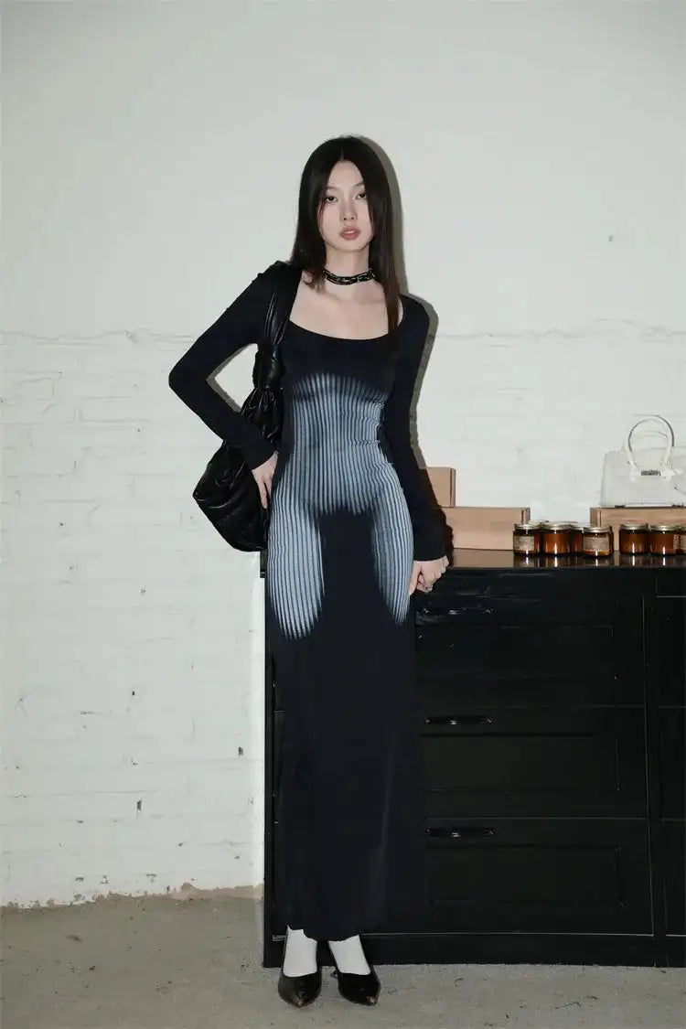 Y2K Sexy Long Sleeved Print Design Long Dress Elegant Slim Square Necked Dress Woman Street Style Wrapped Hip Skirt