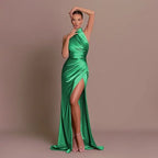 Ladies Summer Satin Evening Birthday Party Dresses Women Sleeveless Backless Halter Side Slit Elegant Long Dress Mowan Clothes