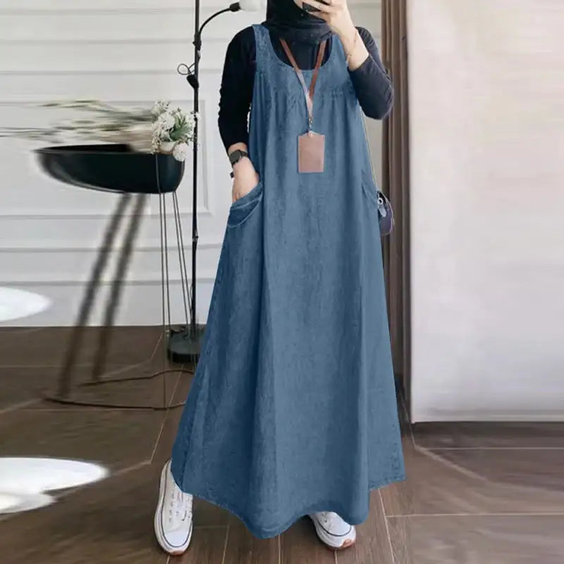 Summer Muslim Long Dress Abaya ZANZEA Women Vintage Sleeveless Denim Blue Maxi Vestidos Dubai Robe Casual Loose Ramadan Sundress