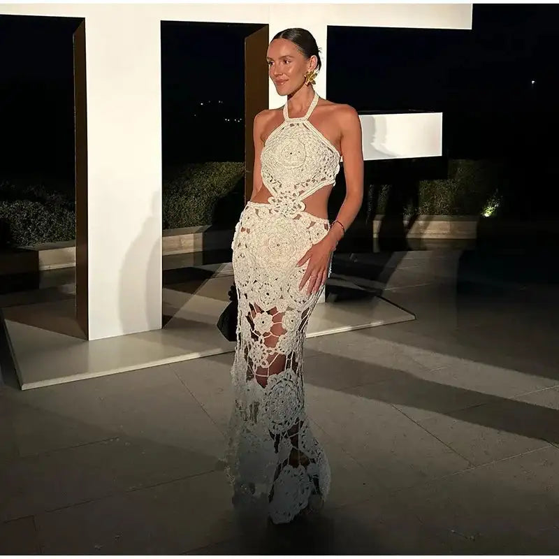 Fashion Hollow Out Halter Maxi Dress For Women 2024 Sexy Sleeveless Backless Long Dress Holiday Hook Flower Knitted Beach Robe