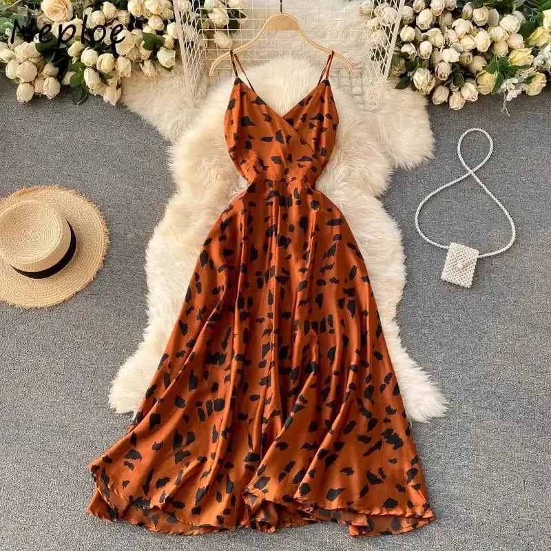Neploe Vintage Print Holiday Long Dress Women High Waist Hip A Line Vestidos Summer 2025 New V Neck Sleeveless Camis Robe Slim
