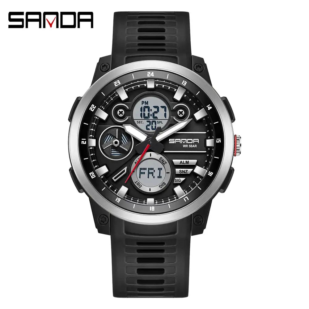 SANDA Sports Men's Electronic Watch Fashion Multi functional Waterproof LED Dual Display Men's Electronic Watch 3379