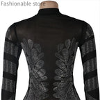 Women Sexy Solid Color Sheer Mesh Rhinestone Design Bodycon Nightclub Party Dress