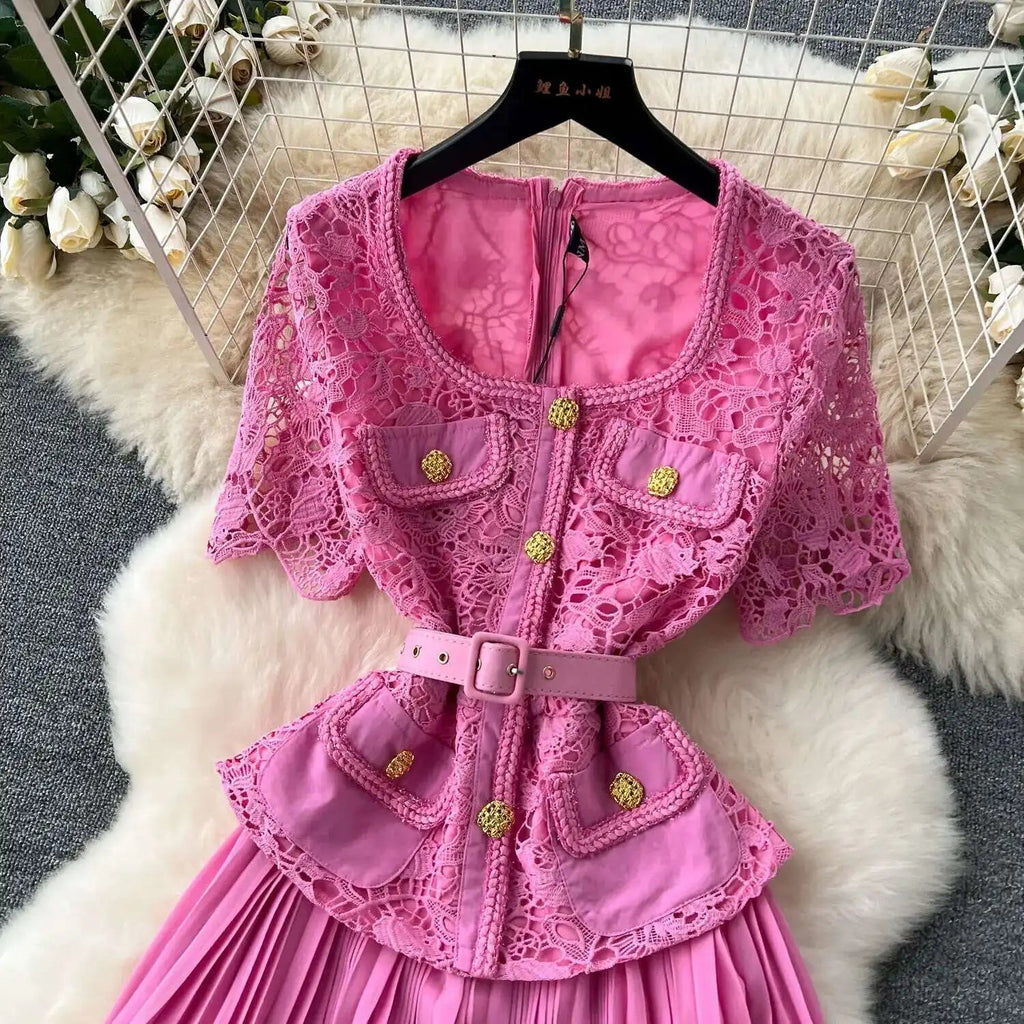 Designer 2025 Summer Pleated Chiffon Lace Long Dress Women Flower Embroidery Gold Button Belt Evening Party Dresses Wedding Robe Lootquake LLC