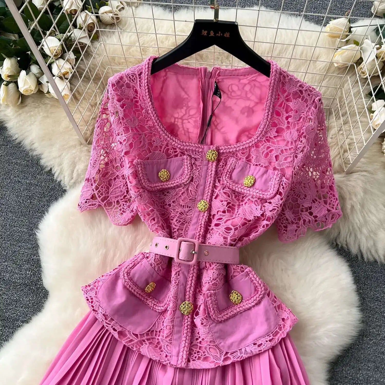 Designer 2025 Summer Pleated Chiffon Lace Long Dress Women Flower Embroidery Gold Button Belt Evening Party Dresses Wedding Robe Lootquake LLC