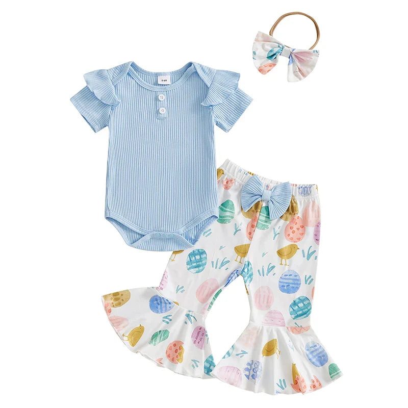 Baby Girls Summer Outfit Short Sleeve Romper with Bunny Eggs Print Flare Pants and Bowknot Headband Easter Outfit Lootquake LLC