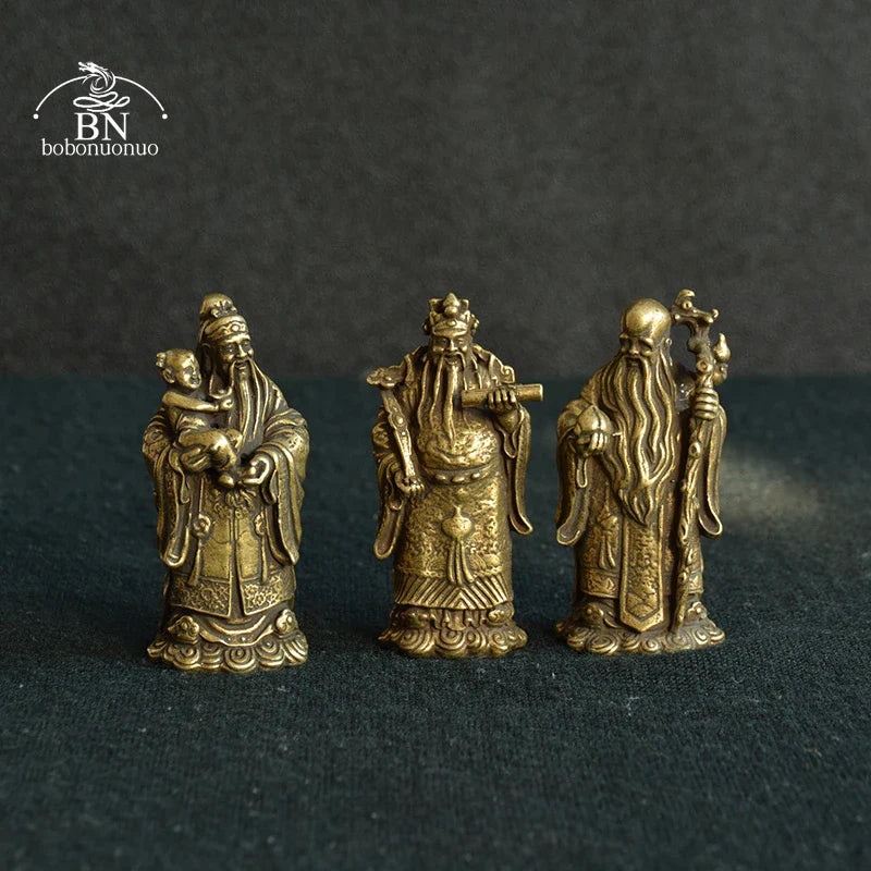 Vintage Bronze Taoism Three Gods of Blessing Wealth Longevity Statue Pure Copper Buddha Figurines Ornaments Feng Shui Home Decor