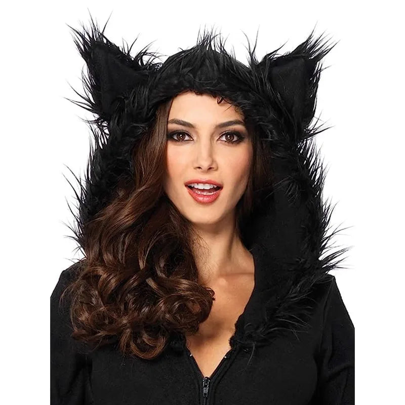 Cozy Black Animal Halloween Costume for Women Bat Adult Cosplay Vampire Zipper Dress Send Black Sexy Socks