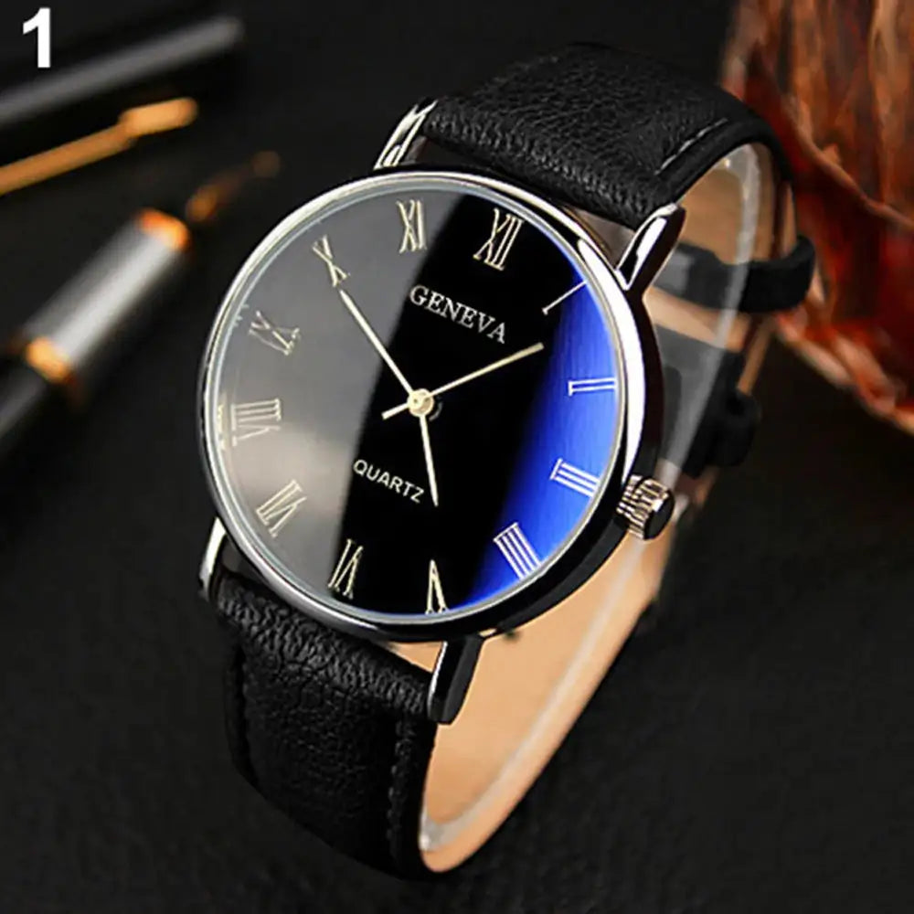 Men Watch Roman Numerals Blu-Ray Faux Leather Band Quartz Analog Business WristWatch 2022