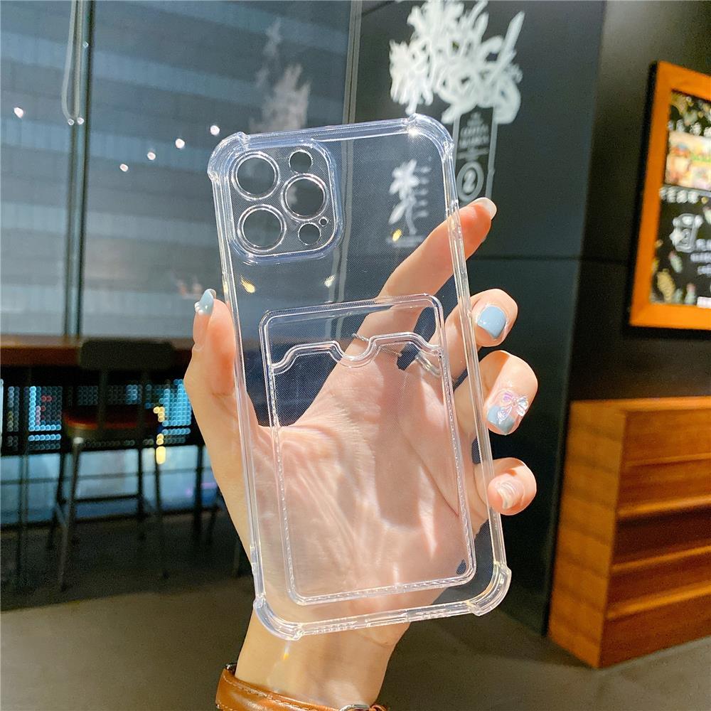Transparent Card Slot Holder Case for iPhone 13 11 12 14 Pro Max Mini Clear Shockproof Soft Wallet Cover Clear Phone Case with Card Holder Slim Protective Soft Shock Absorbing Case with Card Holder Stevvex