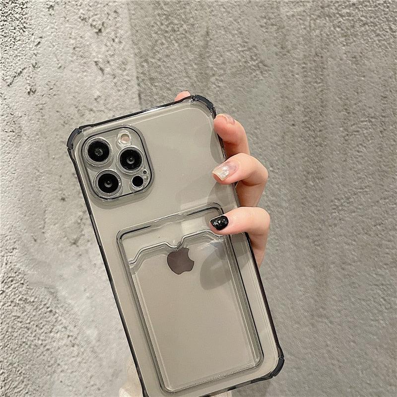 Transparent Card Slot Holder Case for iPhone 13 11 12 14 Pro Max Mini Clear Shockproof Soft Wallet Cover Clear Phone Case with Card Holder Slim Protective Soft Shock Absorbing Case with Card Holder Stevvex