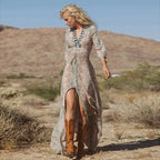 TEELYNN boho long dress Vintage 2023 floral print Chiffon three quarter sleeve v-neck summer Gypsy Hippie women dresses vestidos