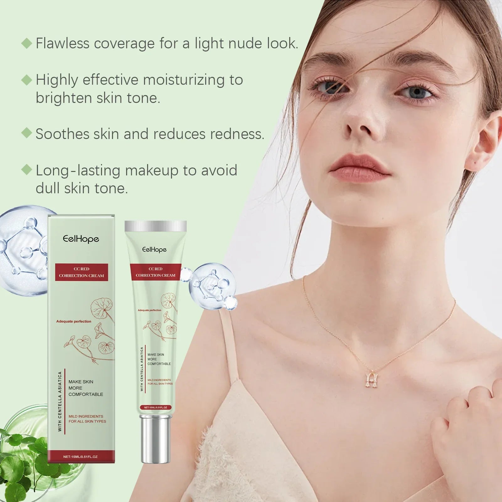 EelHope Centella Asiatica CC Cream - Moisturizing, Concealing Foundation for Nude Makeup, Brightening Complexion & Hydrating