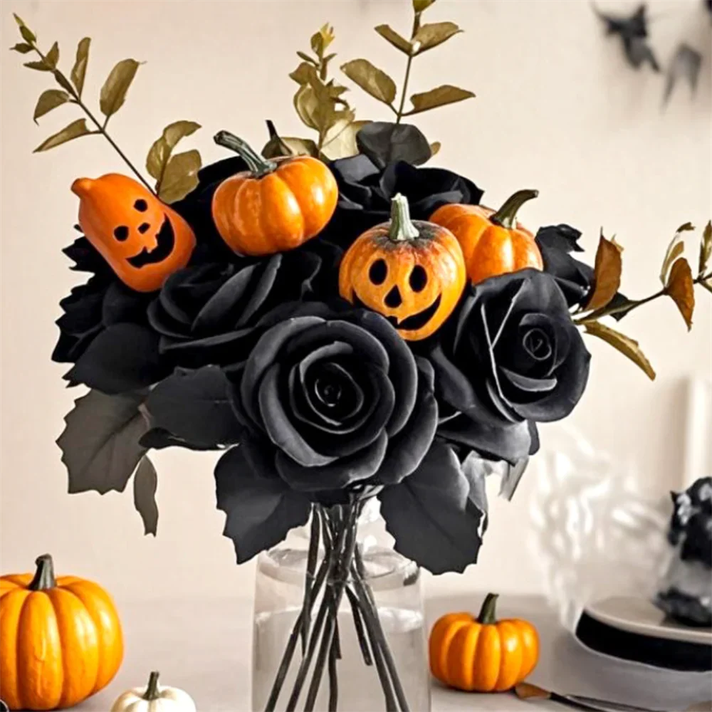 Halloween Decoration Artificial Flowers Bouquet With Pumpkins & Black Roses, Halloween Table Centerpiece For Dining Living Room Lootquake LLC