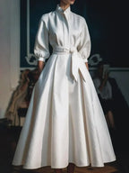 Elegant Women's Solid Color Stand Collar Shirt Dress Casual Mid-Length Waisted Evening Party Dress for Women 2024