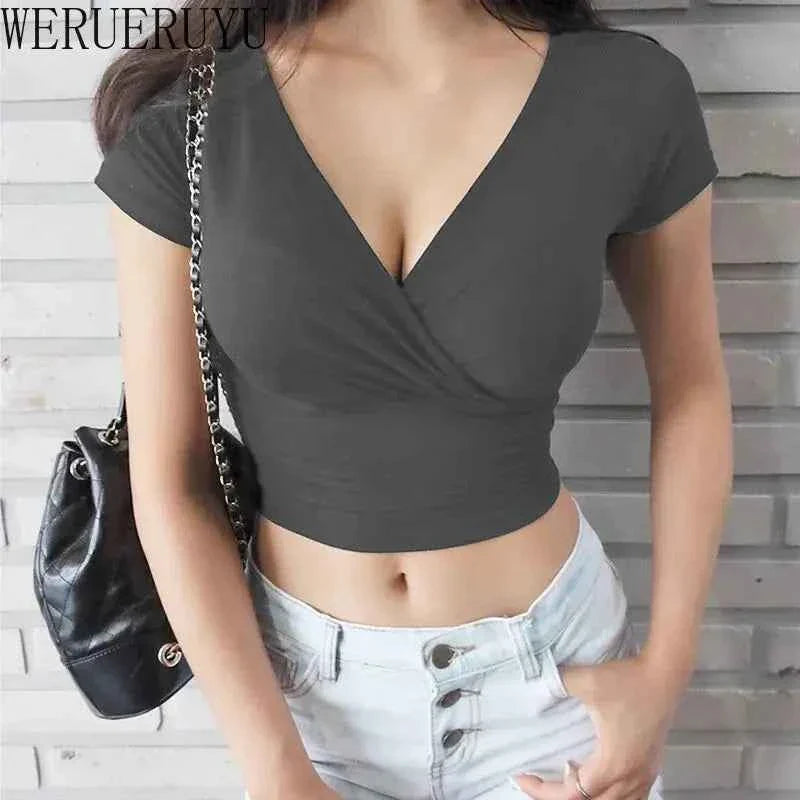 Vivid V-Neck: Y2K Black Crop Top Corset Tee THRIXINE
