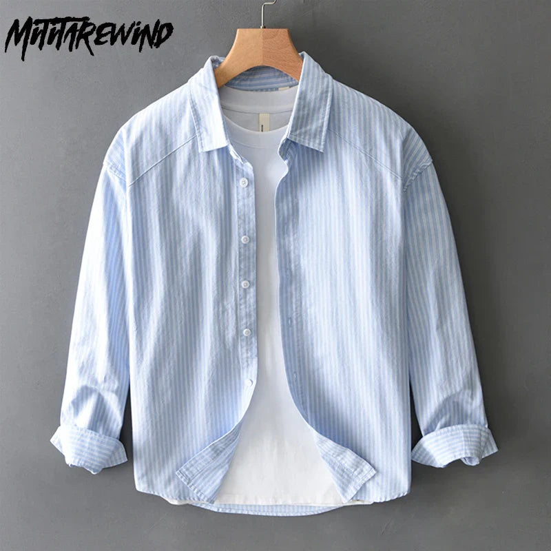 Korean Style Long Sleeve Striped Shirts for Man Spring Summer New Male Tops Lapel Pure Cotton Casual Shirts Elegant Mens Shirts Lootquake LLC