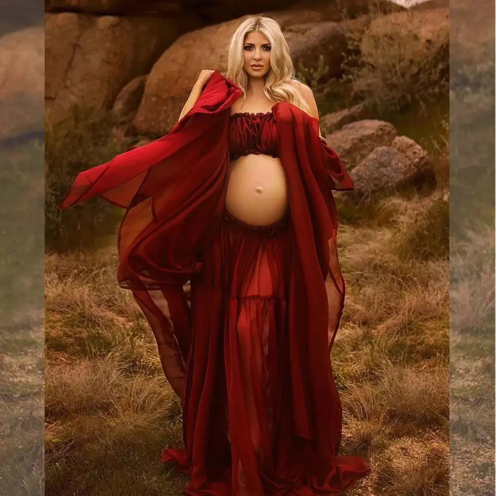 Maternity Dress For Photoshoot Pregnancy Off Shoulder Ruffled Semi Transparent Chiffon Long Dress Photography Dress For Women