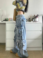 Autumn Winter New Ladies Cargo Jeans American Street Style Baggy Cargo Pants Women Blue Multi-pocket Wide Leg Jeans for Women Lootquake LLC