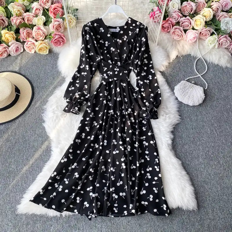 YuooMuoo Korean Fashion Cherry Print Women Dress 2025 New Spring Vintage Bandage Slim Waist Long Dress Elegant Party Vestidos