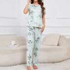 Women's Sleepwear Cozy Heart Print Relaxed Fit Pajama Set Short Sleeve Tee Top & Pants Nightwear 2 Piece Pyjama for All Seasons Lootquake LLC