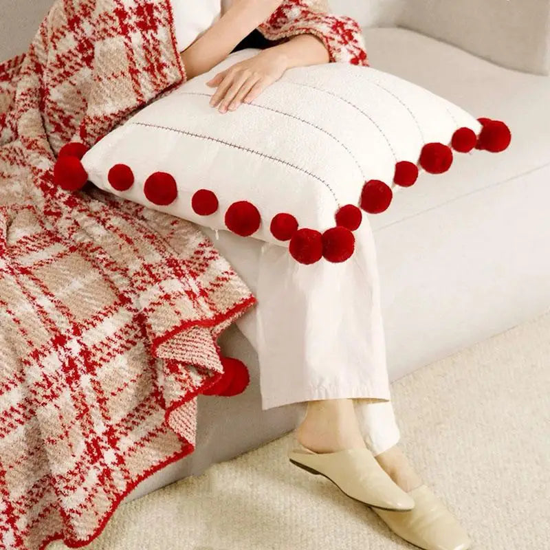 Half Flannel Plaid Blanket with Wool Balls Four Season Universal Red Soft Sofa Blanket Warm Napping Shawl for Home Travel Lootquake LLC